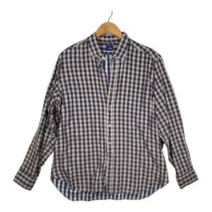 Truzzi Dark Blue Brown Checkered Print Tailored Vintage Dress Shirt Size X-Large